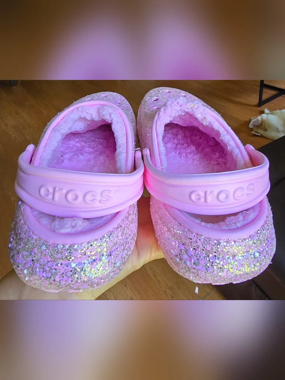 Sz 3 Little Girl's CROCS CLASSIC PINK  GLITTER LINED comfort Clogs